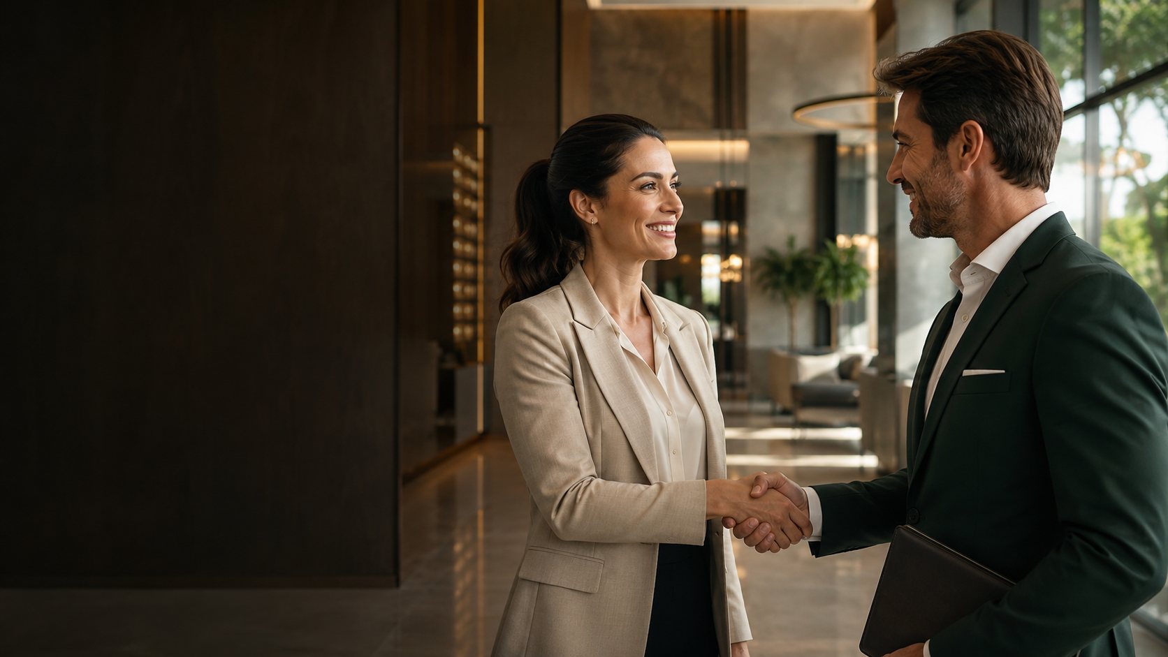 Síndica e representante da ZARZUR fechando acordo no lobby do prédio